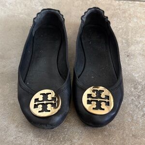 Tory Burch Black Leather Ballet Flats with Gold Logo Medallions